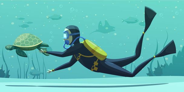 Buceo submarino Deporte Cartel de dibujos animados
  - Vector, Imagen
