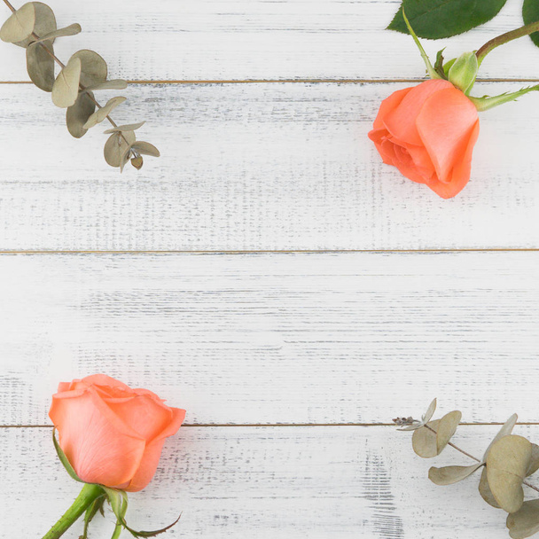 Πορτοκαλί τριαντάφυλλα και baby φύλλα ευκαλύπτου με αντίγραφο χώρο σε άσπρο φόντο ξύλου - Φωτογραφία, εικόνα