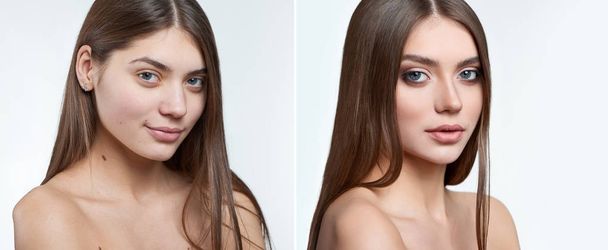 Comparison portrait of a beautiful girl without makeup and with makeup on her face. - Photo, Image