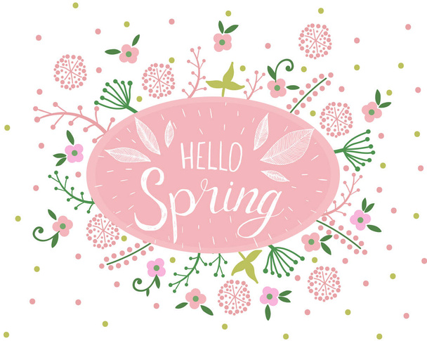 Hello tavaszi kézi előrajzolt emblémát, jelvény tipográfia ikonra. Betűk tavasz virágok az üdvözlőkártya, meghívó sablon. Retro, vintage betűkkel a banner poszter sablon háttér - Vektor, kép