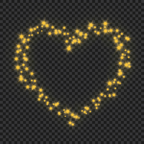 Silueta de corazón sobre fondo transparente. Estrellas doradas fluyen en forma de símbolo del corazón. Día de San Valentín fondo diseño
. - Vector, imagen