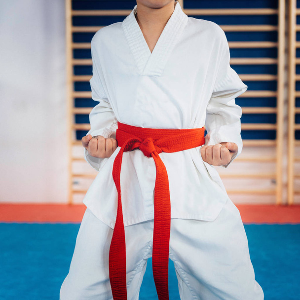 Nahaufnahme eines Jungen in tae kwon do Haltung - Foto, Bild