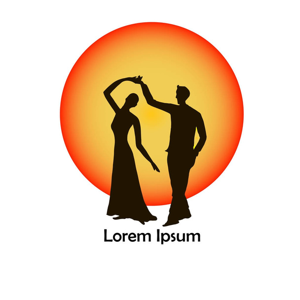 Черный силуэт фигуры танцующего мужчины и женщины на красном и оранжевом кругах, для танго, танцующий логотип векторной иллюстрации
 - Вектор,изображение