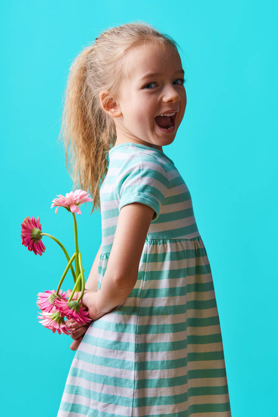 Adorable little girl with cheeky smile and face expression holding bouquet of pink gerbera daisies. Happy Mother's Day, Women's day, Father's day or Birthday background. - Photo, Image