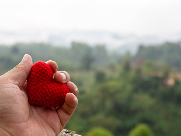 The hand holds the red heart the background is forest green trees and misty mountains landscape.  copy space for text.  the concept of love, Valentines day, symbol and romantic. red heart for gift - Foto, afbeelding