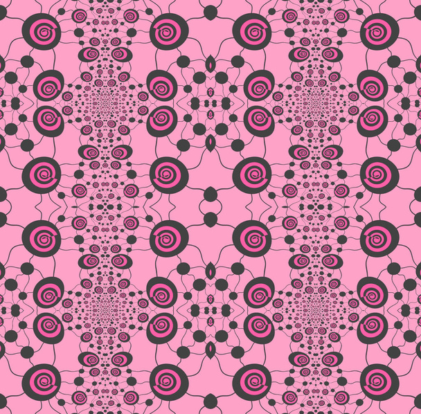 Fundo geométrico sem costura abstrato verticalmente. Ornamentos espirais regulares rosa brilhante e preto em rosa, ornamentado e sonhador
. - Foto, Imagem