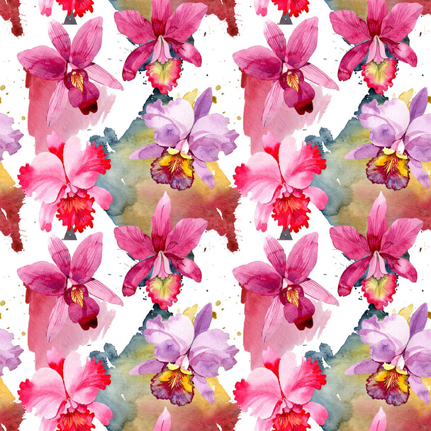 水彩画のワイルドフラワー ピンクの蘭の花のパターン. - 写真・画像