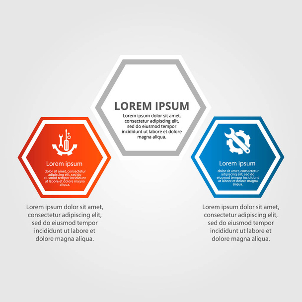 Modern vector illustration. Infographic template with three hexagon elements. Contains icons and text. Designed for business, presentations, web design, diagrams with 3 steps - Vektori, kuva