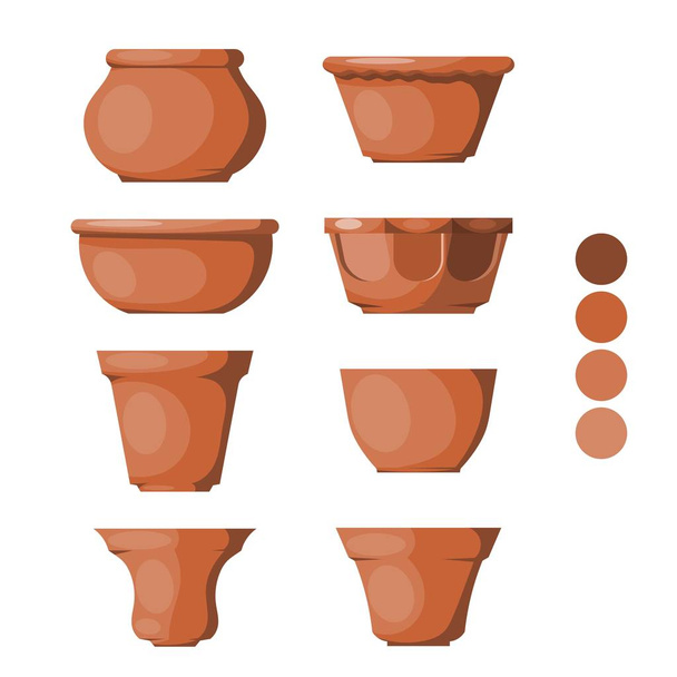 Color image of a set of clay pots on a white background. Illyustartsiya Vector collection of flower pots in the style of Cartoon - Vector, Imagen
