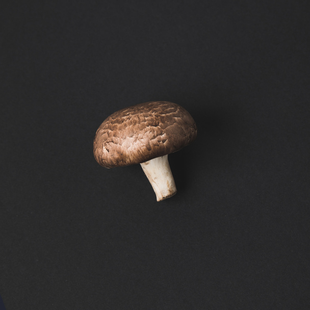 top view of raw champignon mushroom isolated on black - Photo, Image