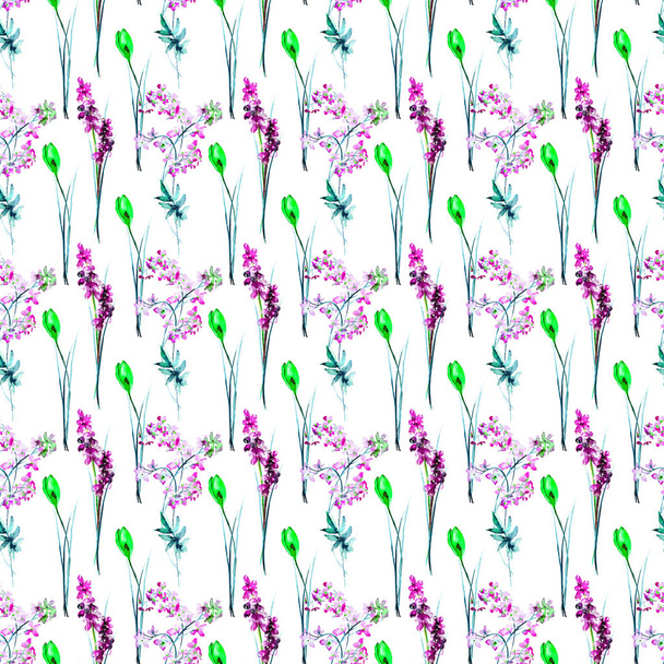Seamless pattern with stylized flowers, watercolor illustratio - Foto, Imagem