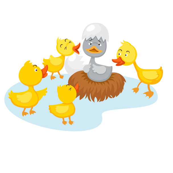 Vetor de Cartoon duck. Baby duck. Duck character. Cute duckling in a suit  with the letters SD. Character Super Duck isolated on white background do  Stock