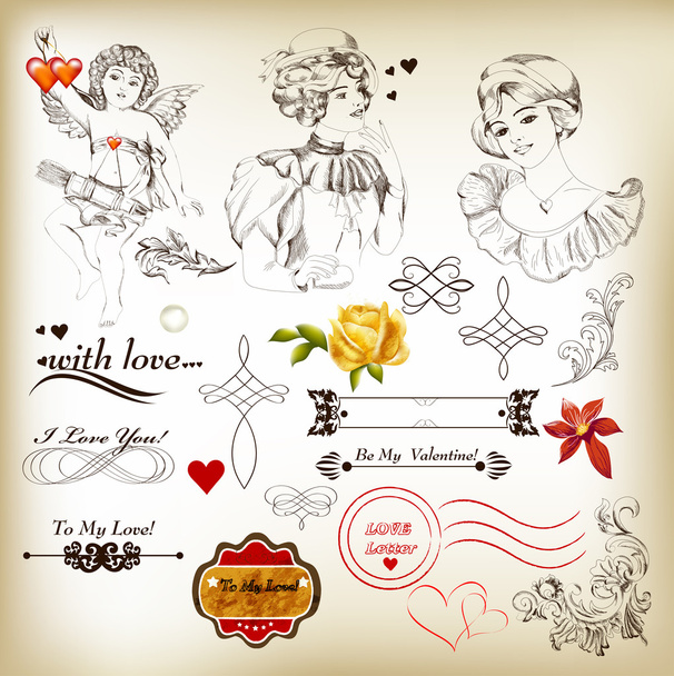Collection of antique calligraphic elements for valentine design - Διάνυσμα, εικόνα