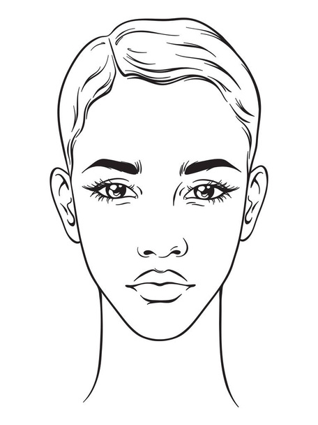 Rövid hajvágás portré elszigetelt fehér background szép afro-amerikai nő. Face diagram smink művész üres sablon. Vektoros illusztráció - Vektor, kép