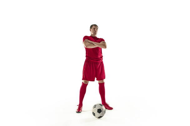 Professional football soccer player with ball isolated white background - Foto, Imagem