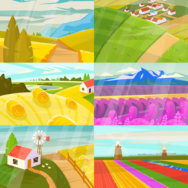 Paisaje vector paisajismo campo de prados campos y tierras con paisaje natural soleado vista del país conjunto ilustración aislado sobre fondo blanco
 - Vector, Imagen