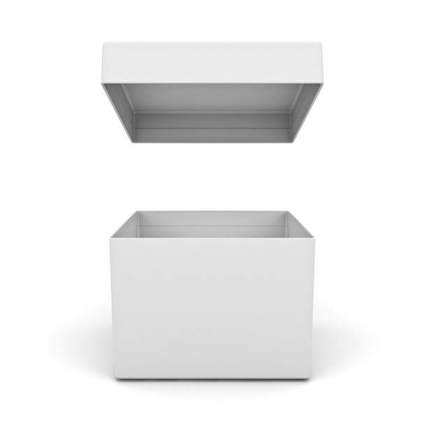Caja en blanco abierta con tapa aislada sobre fondo blanco con sombra. Renderizado 3D
. - Foto, Imagen