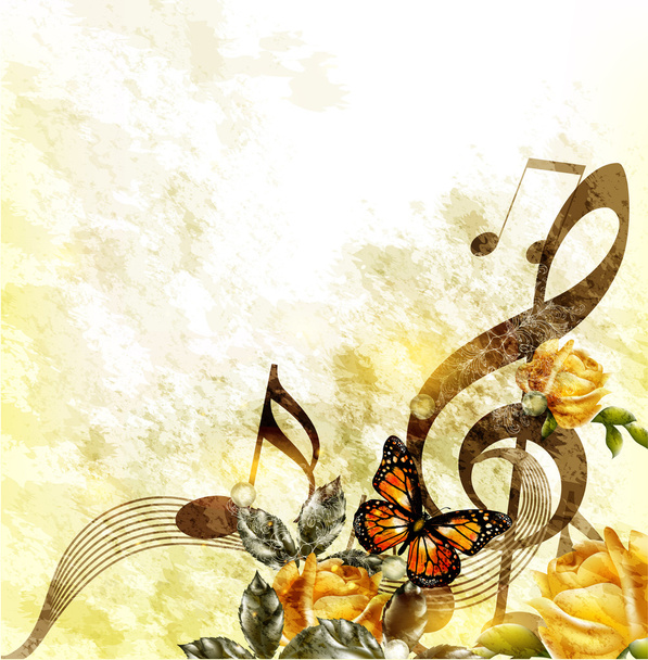 Grunge music romantic background with notes and roses - Vektor, kép