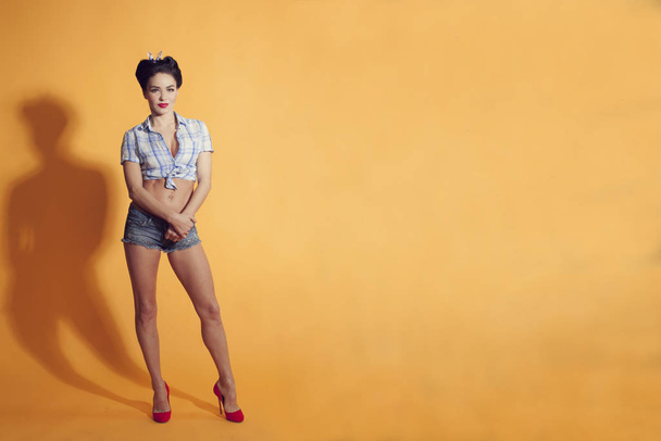 young woman in pin-up style on a yellow background - Foto, immagini