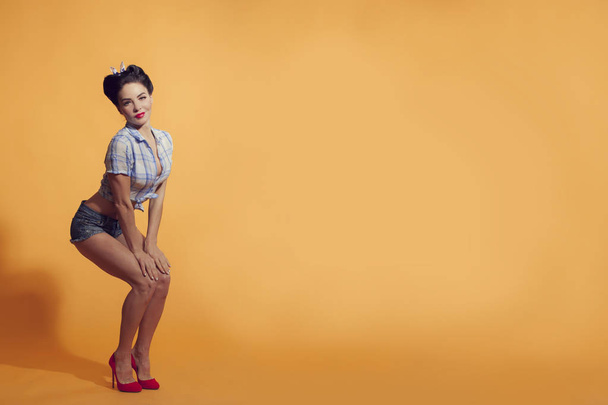 young woman style pin-up cling to my knees - Foto, Imagen