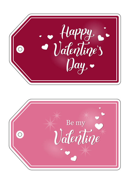 Tags for gift or bunch of flowers with hand drawn calligraphy lettering of Happy Valentine's day and Be my Valentine in white with decorative elements and shadows on pink and wine colored backgrounds  - Vektor, kép