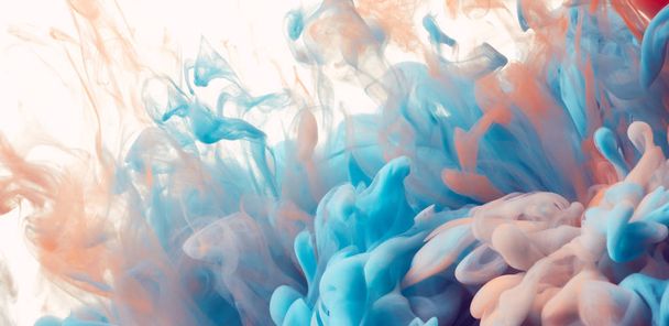 Gros plan d'éclaboussures de peinture bleue et orange, fond abstrait
 - Photo, image