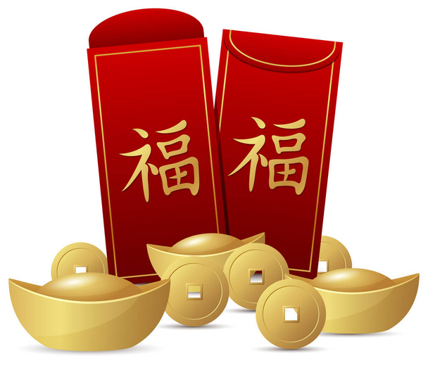 Китайский новый год с красным конвертом и золотыми деньгами
 - Вектор,изображение