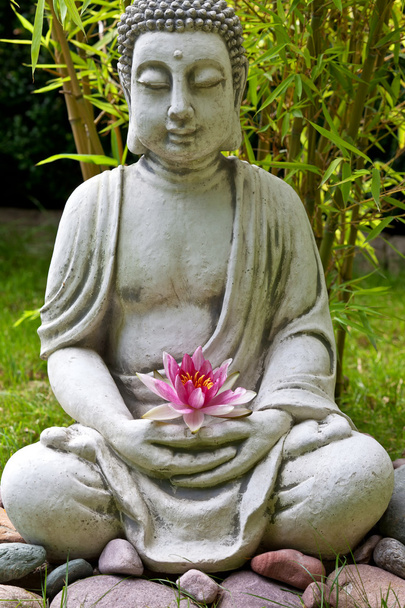 Buddha with lotus and bamboo leaves in background - Фото, изображение