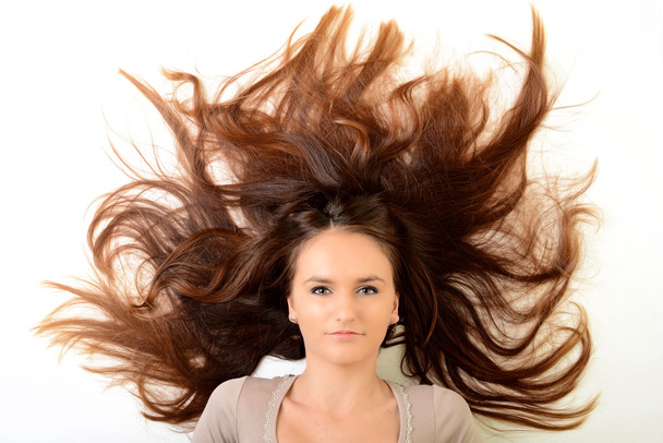 Nainen, jolla on kauniit pitkät ruskeat hiukset - poseeraa studiossa
 - Valokuva, kuva