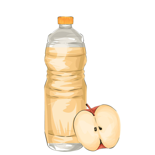 Manzana verde y botella de vinagre. Dibujos animados de ilustración vectorial, aislados en blanco
. - Vector, imagen