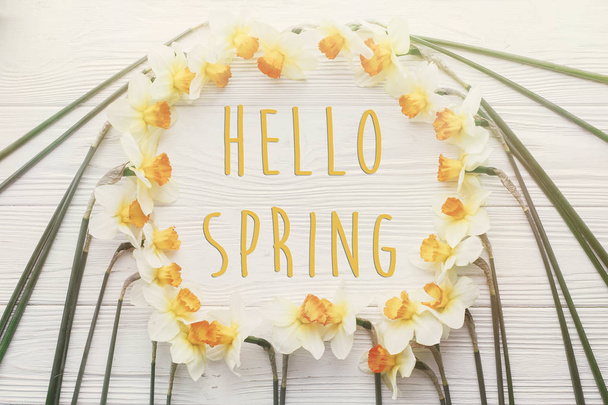 Olá texto de primavera e flat lay com belos narcisos amarelos em luz suave no fundo de madeira branca, vista superior
 - Foto, Imagem