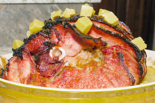 Baked Honey Ham with Pineapple Chunks Closeup - Photo, Image