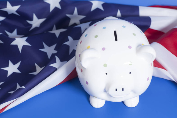 Piggy Bank met Amerikaanse vlag op blauwe achtergrond - Foto, afbeelding