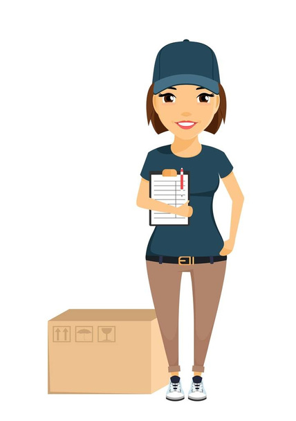 A young girl, the employee of the delivery service is near the parcel. The working uniform. Smiles. In flat style on white background. Cartoon. - Vector, Image
