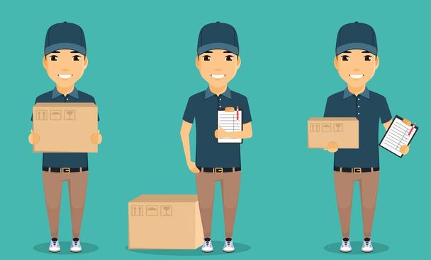 A young boy, the mailman. The concept of mail delivery. The smiling guy with the box and papers. The working uniform. In flat style. Cartoon. - Vector, Image