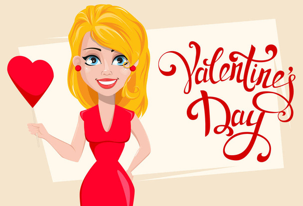 Beautiful woman in red dress holding paper heart - Vector, Image