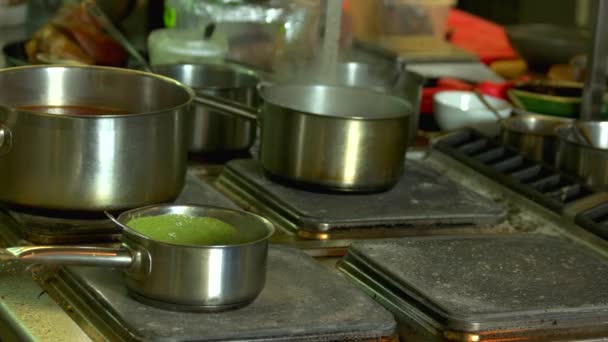 Saucepan with green soup. - Footage, Video