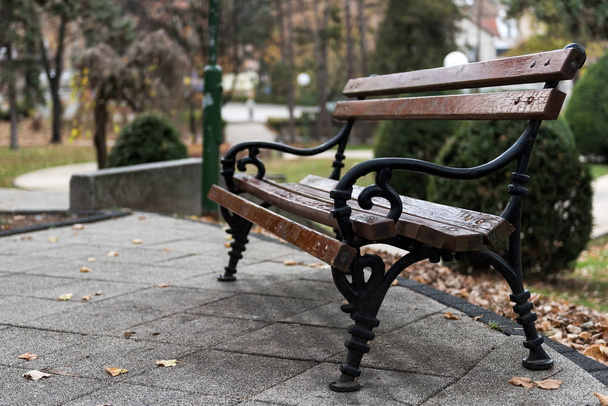 Drewniane ławki w parku jesień z liści, Selektywny fokus - Zdjęcie, obraz