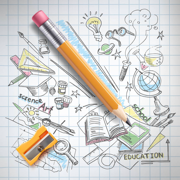 Διάνυσμα ρεαλιστική μολύβι, ξύστρα στο χαρτί ενός διαγραμμισμένου σημειωματάριου με έγχρωμο σκίτσο δημιουργική εκπαίδευση, επιστήμη, σχολική χέρι doodles σύμβολα. Έννοια της εικονογράφησης ιδέα, μελέτη, έρευνα και ανάπτυξη - Διάνυσμα, εικόνα