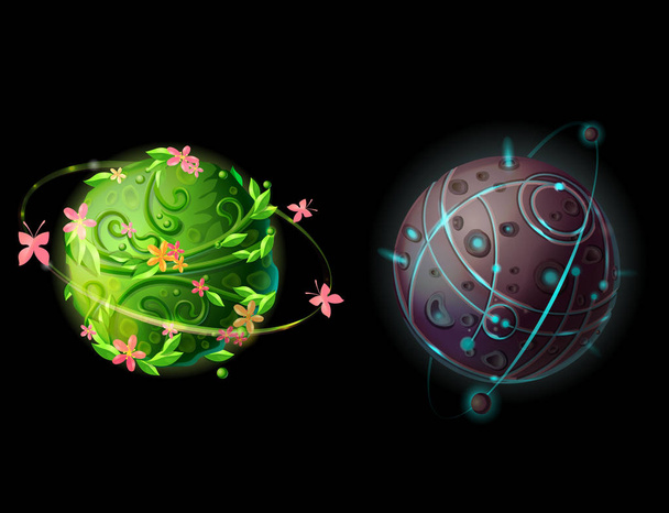 Vektor rajzfilm fantasztikus bolygók és világok beállítása. Kozmikus, idegen hely játék design elemek. Ábrán a zöld növények galaxis a pillangók és a virágok, a kő bolygó satellits, kráterek. - Vektor, kép