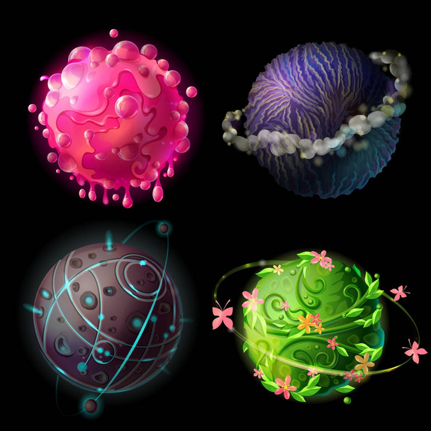 Vector cartoon fantastic worlds set. Cosmic, alien space elements for game design. Illustration with green plants galaxy butterfly flower, stone satellits, craters pink bubbles blue storm cloud planet - Вектор,изображение