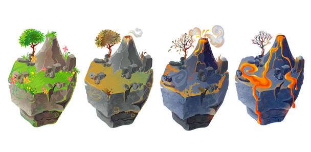 Vector isometric 3d fantastic islands for game design set. Cartoon illustration with green grass, tree, flowers and mountain and volcanic landscape with lava, burned ground and volcano isolated. - Διάνυσμα, εικόνα