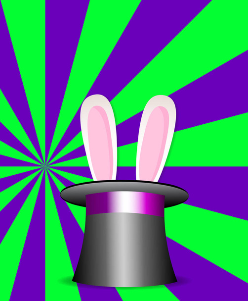 Oren van het konijn in magie hoed groen en violet sunburst patroon  - Vector, afbeelding