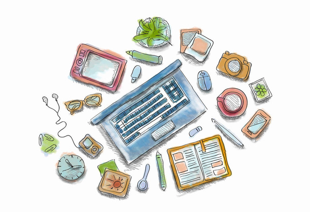 Drawn image of work table with objects - Photo, image