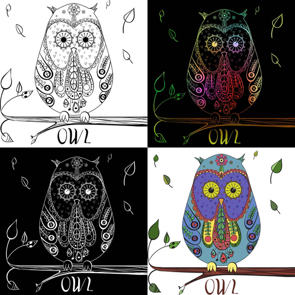 Set of cute owls. Zen art. Design Zentangle. Detailed hand drawn owl with abstract patterns on isolation background. Design for spiritual relaxation for adults. Black and white illustration. Clip art - Vector, imagen
