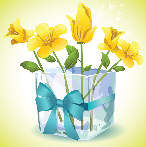 Keltaiset kukat neliön lasi maljakko
 - Vektori, kuva