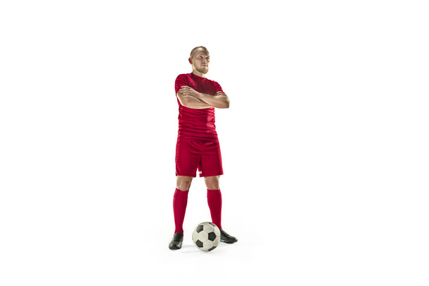 Professional football soccer player with ball isolated white background - Fotografie, Obrázek