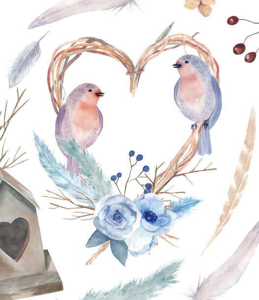 Watercolor card with birds, feathers, flowers, nesting box. - Photo, Image