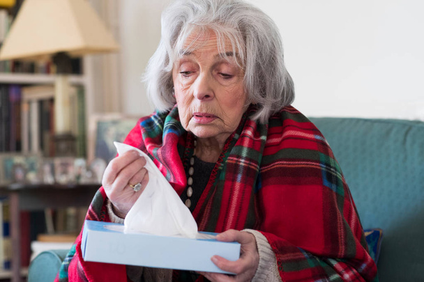 Senior Woman At Home Suffering With Flu Virus - Foto, afbeelding