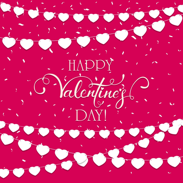 Pennants from hearts on pink Valentines background - Vector, afbeelding